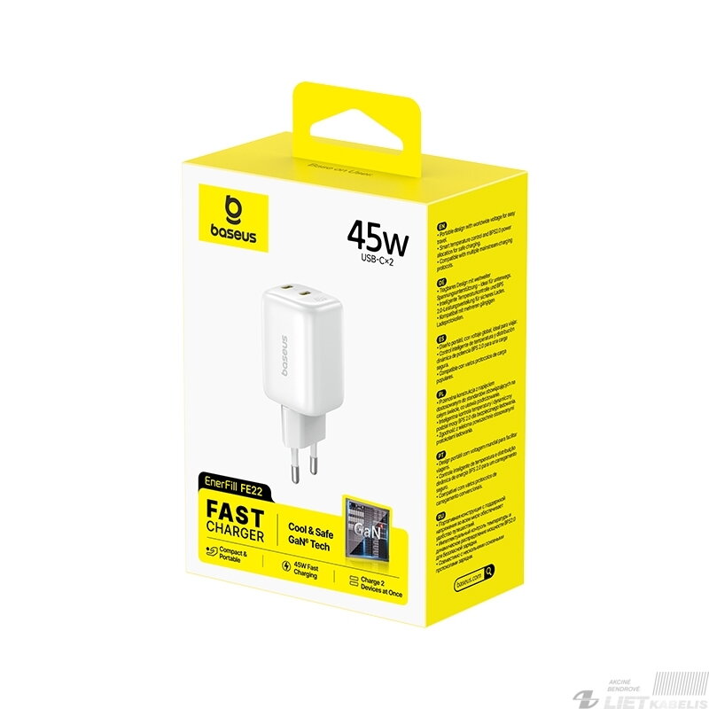 Sieninis įkroviklis EnerFill FE22 45W 2xUSB-C QC PD su USB-C kabeliu 1m, baltas 3
