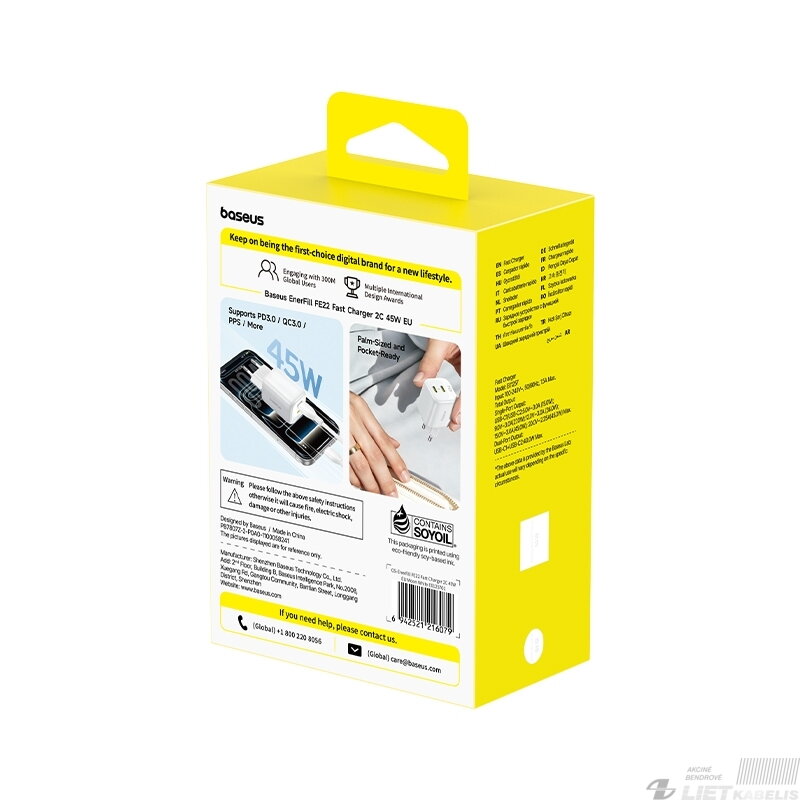 Sieninis įkroviklis EnerFill FE22 45W 2xUSB-C QC PD su USB-C kabeliu 1m, baltas 4