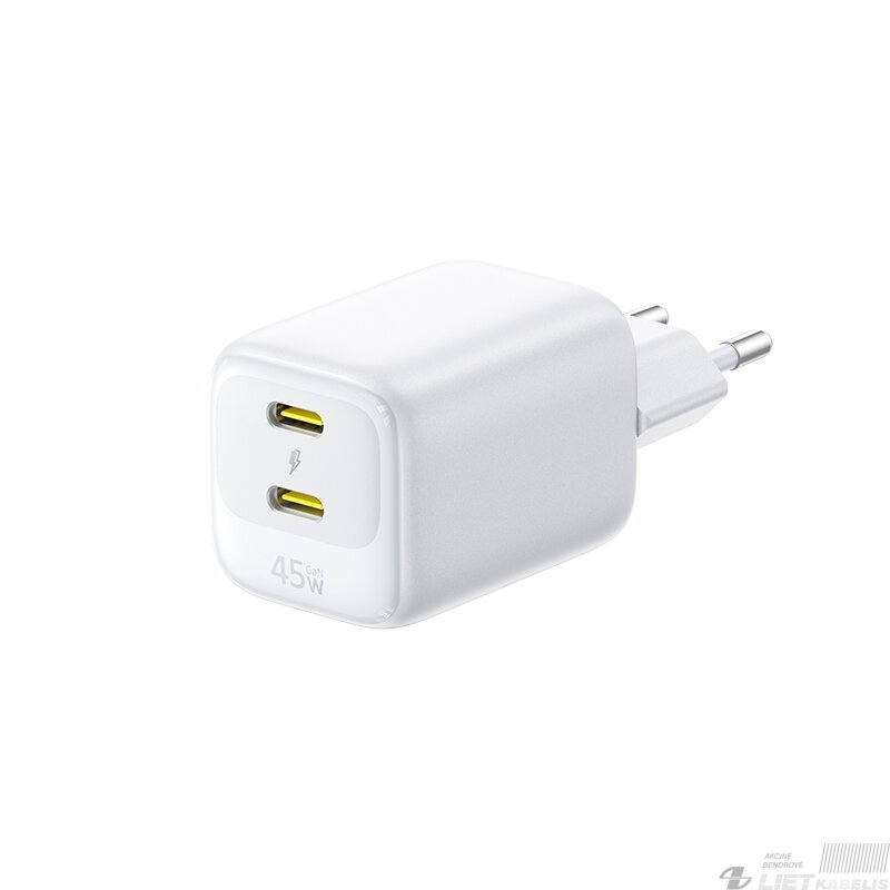 Sieninis įkroviklis EnerFill FE22 45W 2xUSB-C QC PD su USB-C kabeliu 1m, baltas