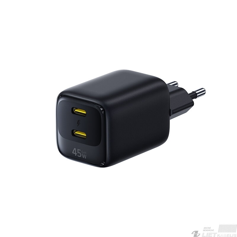 Sieninis įkroviklis EnerFill FE22 45W 2xUSB-C QC PD su USB-C kabeliu 1m, juodas 1 Sieninis įkroviklis EnerFill FE22 45W 2xUSB-C QC PD su USB-C kabeliu 1m, juodas 1