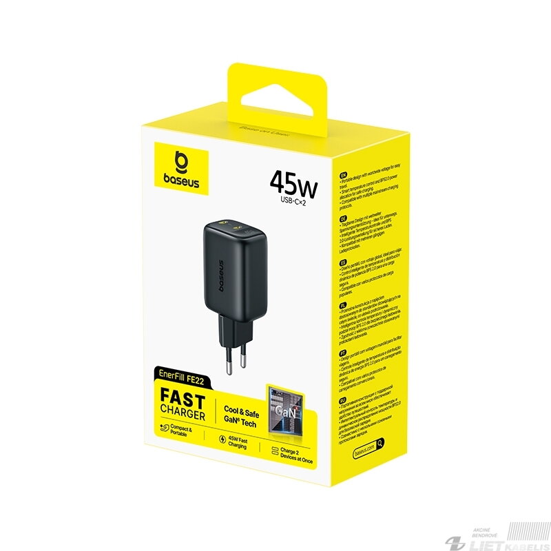 Sieninis įkroviklis EnerFill FE22 45W 2xUSB-C QC PD su USB-C kabeliu 1m, juodas 3