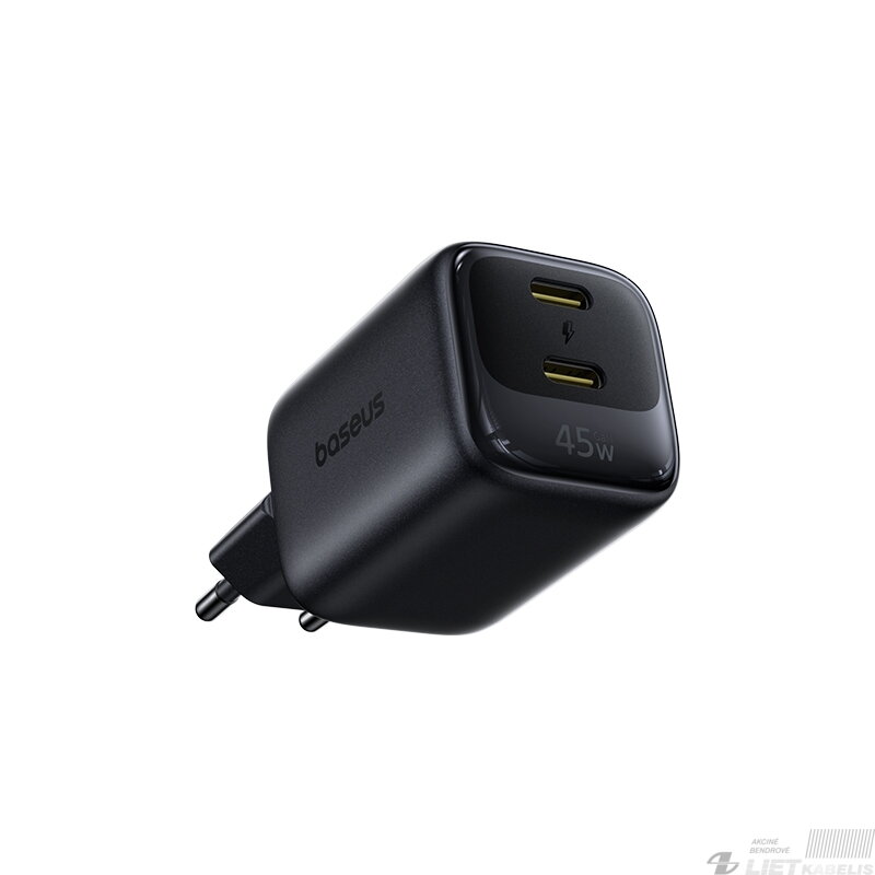 Sieninis įkroviklis EnerFill FE22 45W 2xUSB-C QC PD su USB-C kabeliu 1m, juodas Sieninis įkroviklis EnerFill FE22 45W 2xUSB-C QC PD su USB-C kabeliu 1m, juodas
