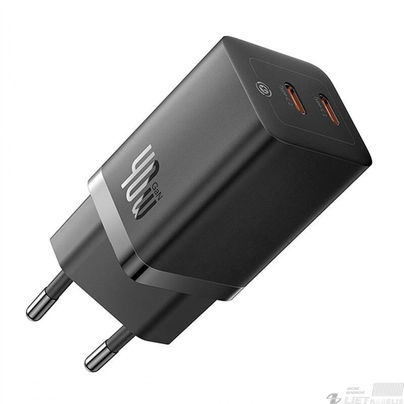 Sieninis įkroviklis GaN5 Pro 40W, 2xUSB-C+PD3.0 j, BASEUS Sieninis įkroviklis GaN5 Pro 40W, 2xUSB-C+PD3.0 j, BASEUS