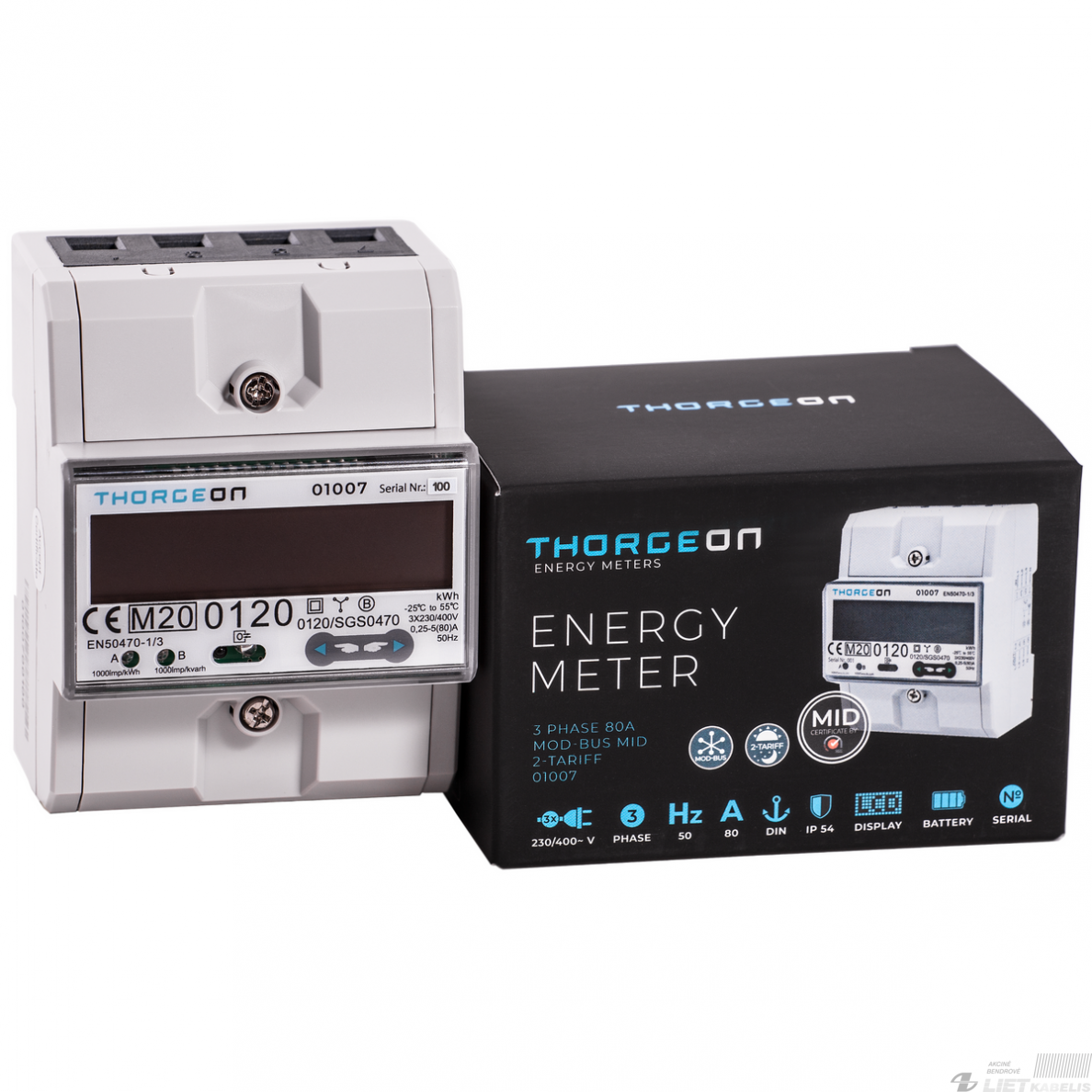 Skaitiklis elektroninis 01007 2 tarifų, 3F, 80A , IP54, THORGEON Skaitiklis elektroninis 01007 2 tarifų, 3F, 80A , IP54, THORGEON