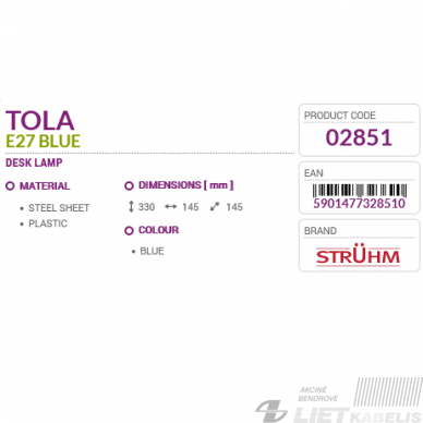 Šviestuvas TOLA  40W, E27, IP20, pastatomas, Struhm 2