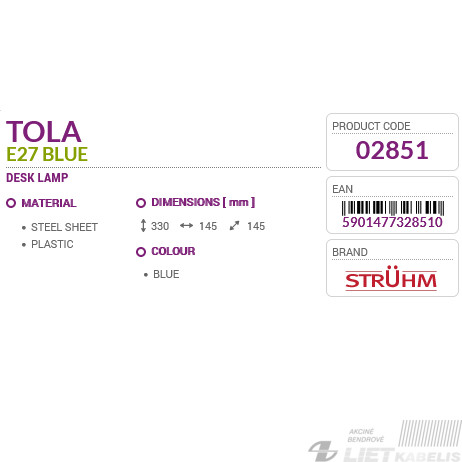 Šviestuvas TOLA  40W, E27, IP20, pastatomas, Struhm 2