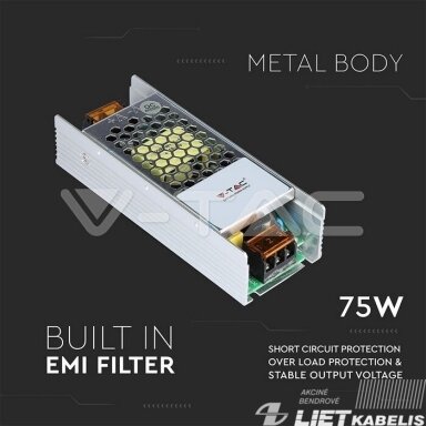 Maitinimo šaltinis 75W ,12V, 6A, IP20, V-TAC Maitinimo šaltinis 75W ,12V, 6A, IP20, V-TAC