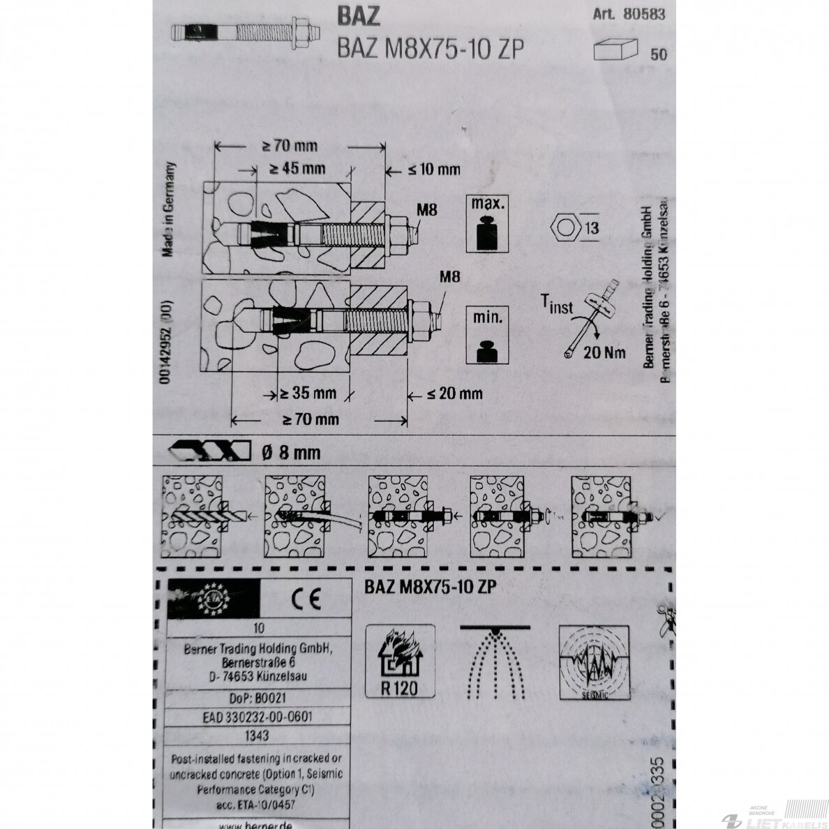 Varžtas inkarinis BAZ 8x75-10 ZP Berner 1