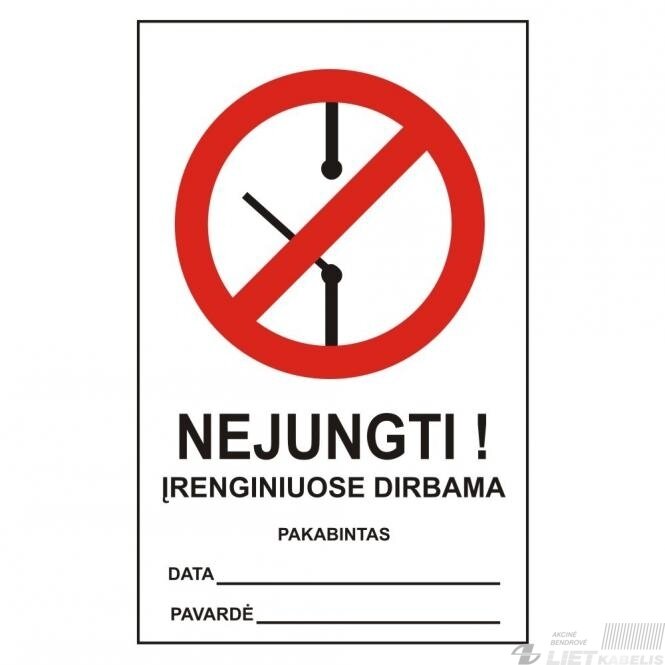 Pakabinamas ženklas 'Nejungti, įrenginiuose dirbama' (180x290 mm) Pakabinamas ženklas 'Nejungti, įrenginiuose dirbama' (180x290 mm)